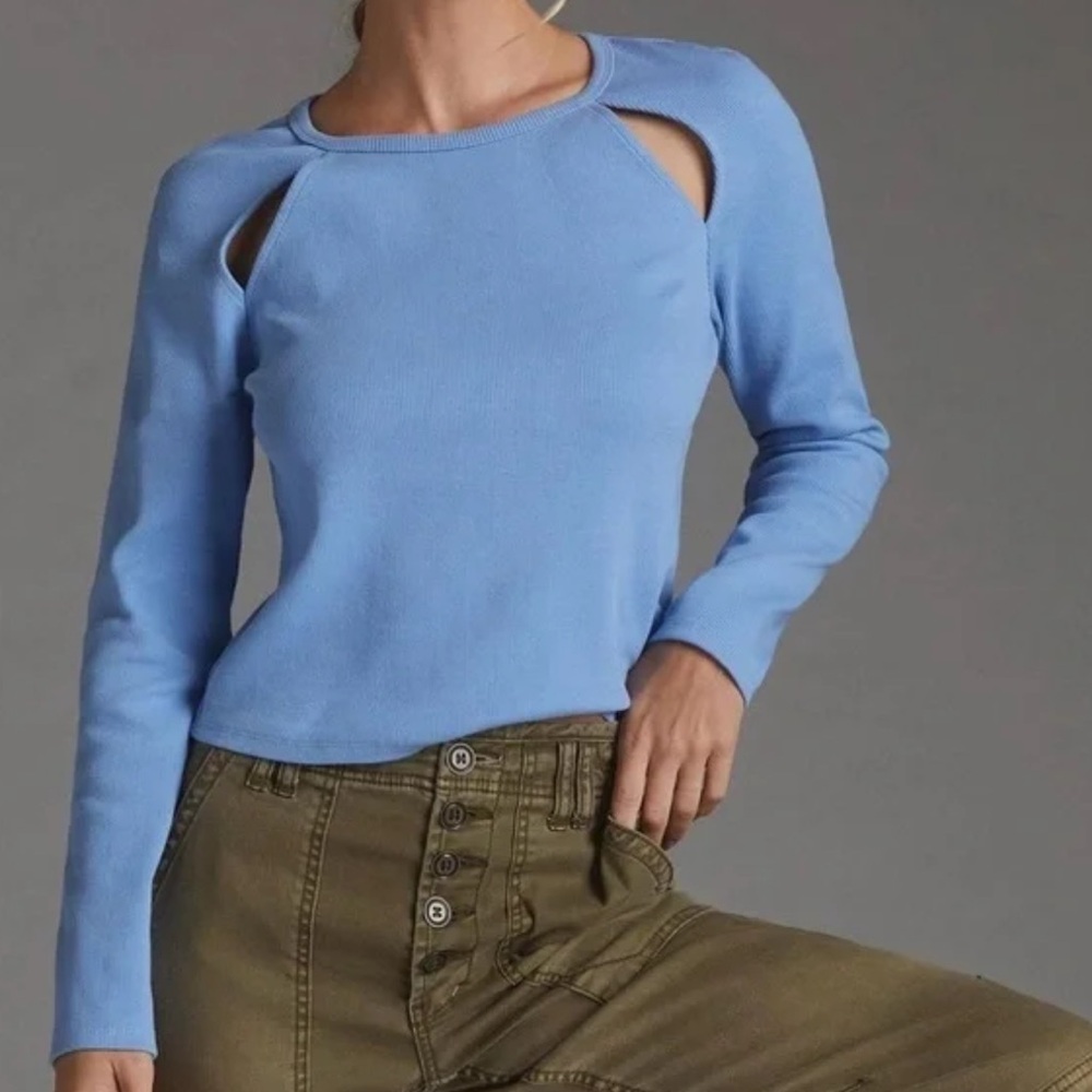 Anthropologie Cut-Out Top Long-Sleeve Ribbed Women’s Medium Blue